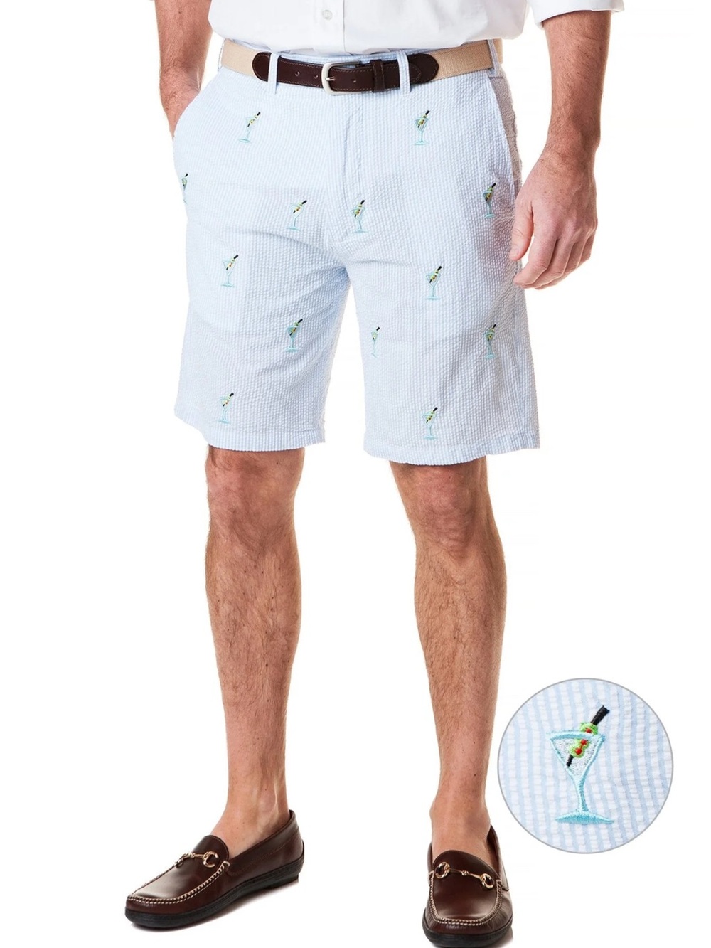 Castaway 100% Cotton Men’s Seersucker Shorts with Martini Embroidery Size 34